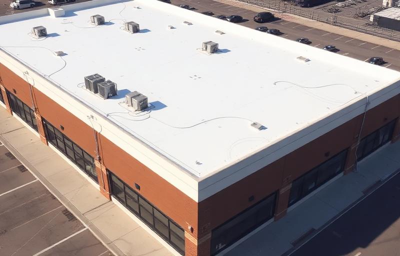 New white TPO membrane installed on a 4,200 sq ft commercial flat roof on Campbell Rd, Richardson, TX